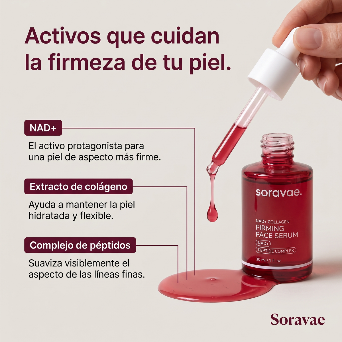 Activos del sérum: NAD+, extracto de colágeno y complejo de péptidos