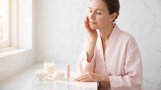 Rostro femenino cuidado con luz natural en un baño luminoso reflejando what is acne y salud cutánea