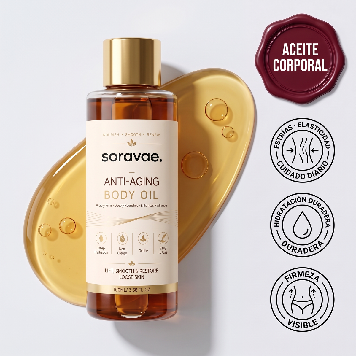 Aceite Corporal Antiedad de Soravae, frasco de 100 ml