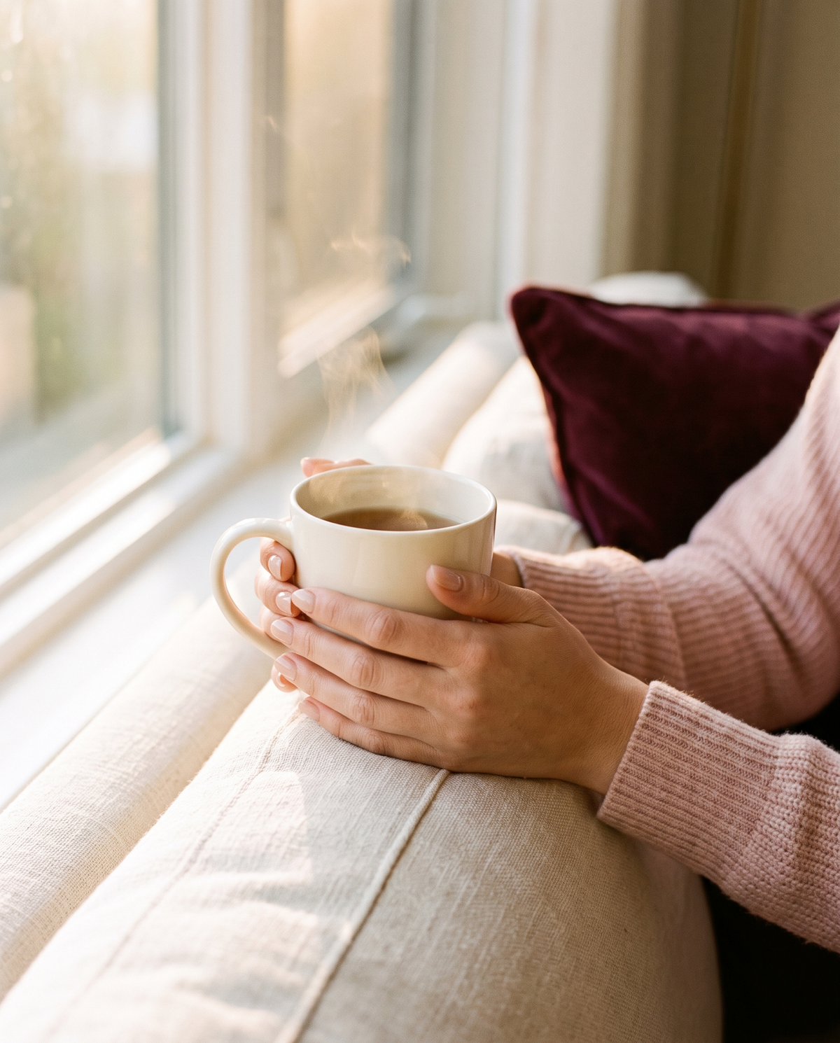 Manos sosteniendo una taza junto a la ventana