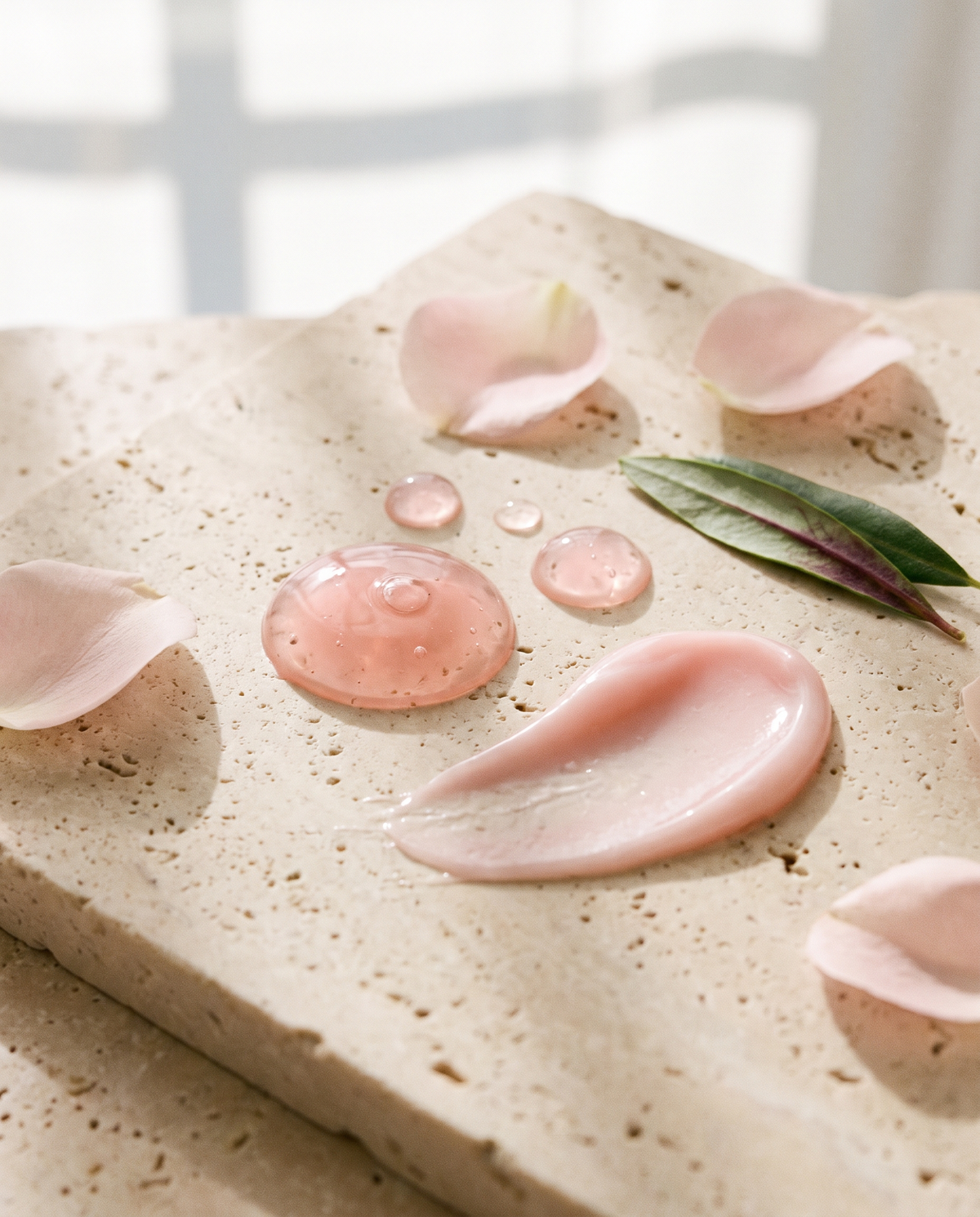 Texturas de gel y bálsamo rosa sobre piedra travertino