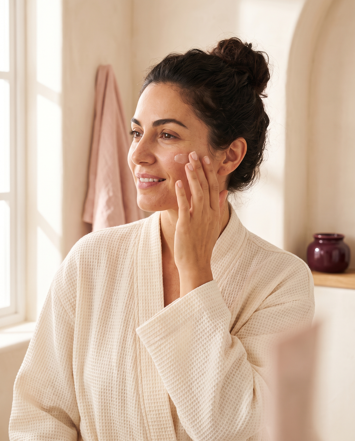 Mujer aplicando crema en su rostro en el baño