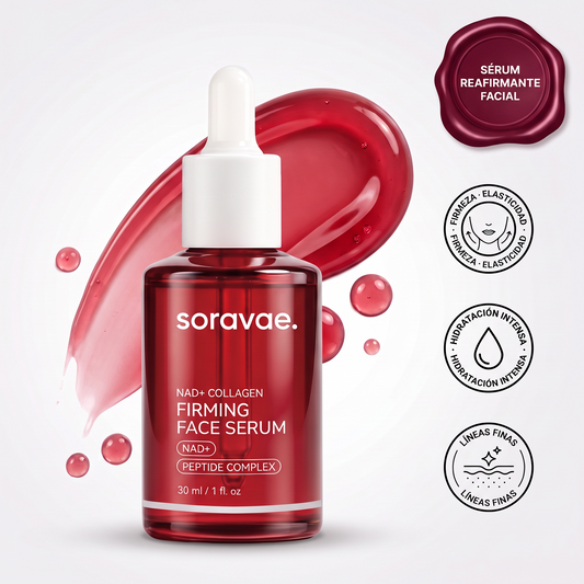 Sérum Reafirmante NAD+ y Colágeno de Soravae en frasco de vidrio de 30 ml con cuentagotas